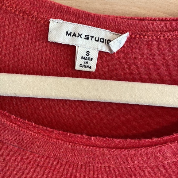 Max Studio SMALL soft ruffle sleeve tulip slit dress (red) - Picture 2 of 10